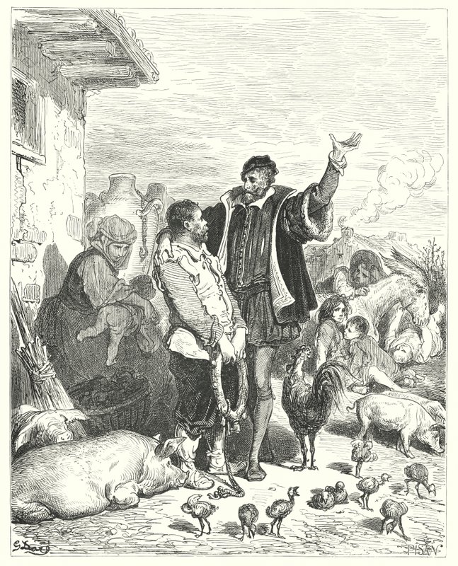 Don Quichotte de Gustave Doré : « Le chevalier lui fit tant de belles promesses que le pauvre niais consentit enfin à le suivre et à devenir son écuyer » - Gustave Dore