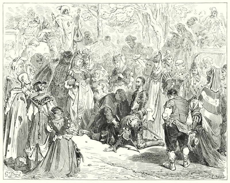 Don Quichotte de Gustave Doré : "La pauvre vierge, tremblante et effrayée sans dire un mot, vint vers le pauvre Basil" - Gustave Dore