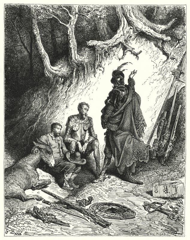 Don Quichotte de Gustave Doré : "Les écuyers laissèrent Don Quichotte, Roque et Sancho attendre leur retour" - Gustave Dore