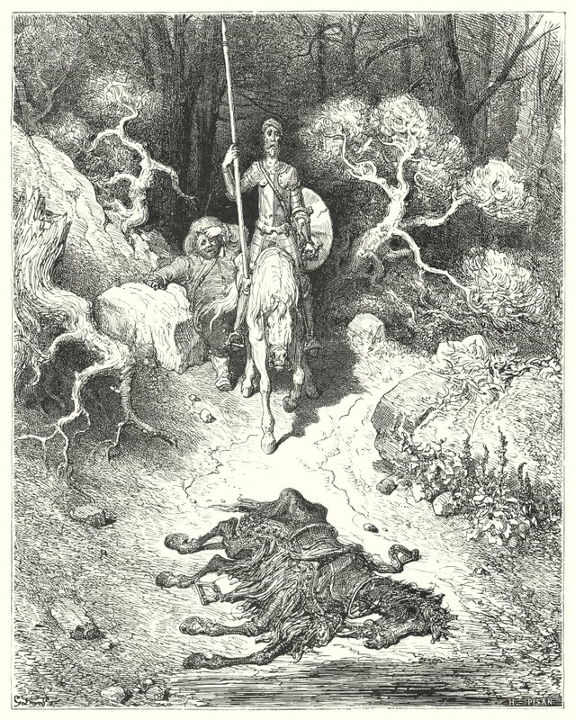 Don Quichotte de Gustave Doré: "Ils arrivèrent à un parc, où ils trouvèrent une mule morte" - Gustave Dore