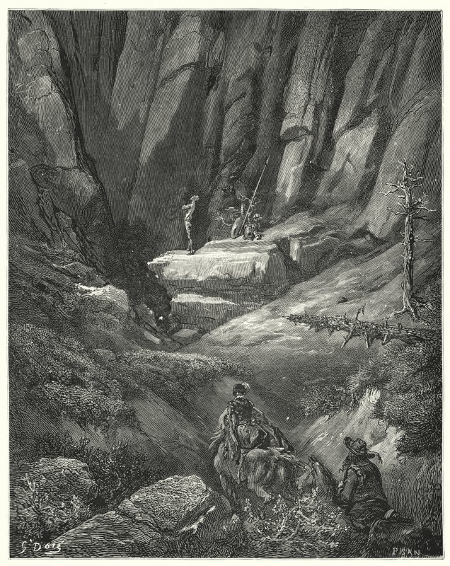 Don Quichotte de Gustave Doré : "Ils marchèrent environ trois quarts de lieue, puis parmi les rochers ils aperçurent Don Quichotte, qui avait déjà remis ses vêtements, mais pas son armure" - Gustave Dore