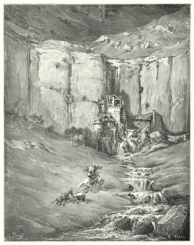 Don Quichotte de Gustave Doré : "Quand ils se rapprochèrent, même Rozinante lui-même sursauta au son effroyable" - Gustave Dore