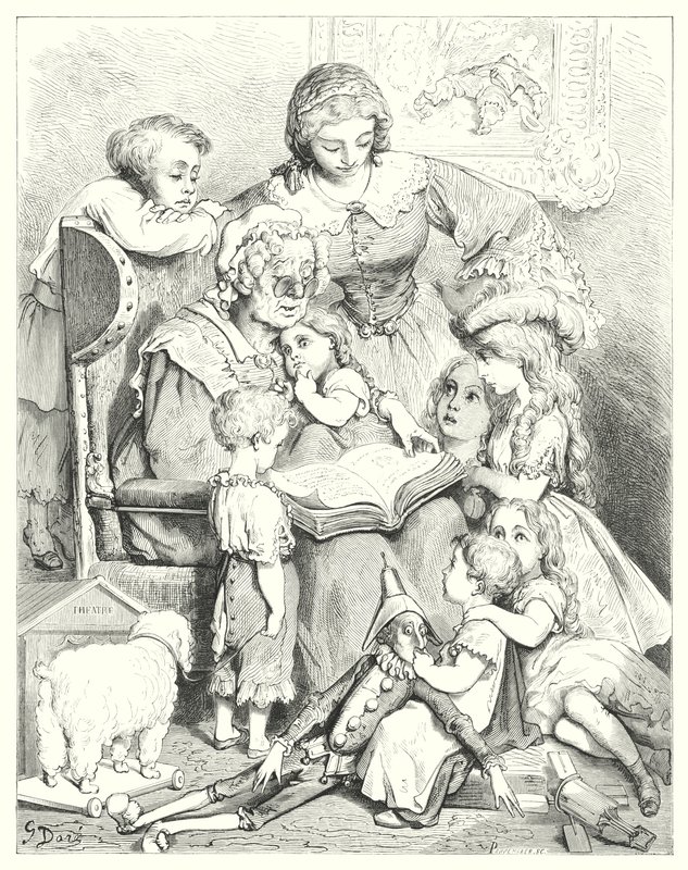 La lecture des contes en famille (gravure) - Gustave Dore