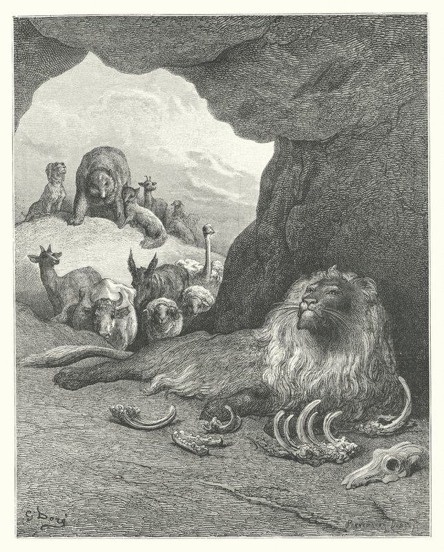 Les Fables de La Fontaine : Le Lion malade et le Renard (gravure) - Gustave Dore