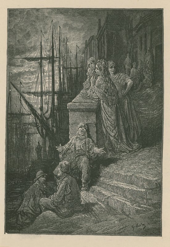 Famille de bateliers sur un escalier au bord de la Tamise - Gustave Dore