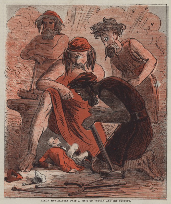 Le baron de Münchhausen rend visite à Vulcain et à ses Cyclopes - after Hablot Knight Browne