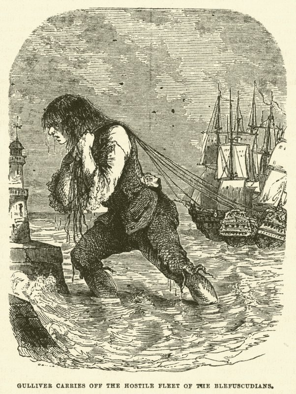 Gulliver emporte la flotte hostile des Blefuscudiens (gravure) - after Hablot Knight Browne