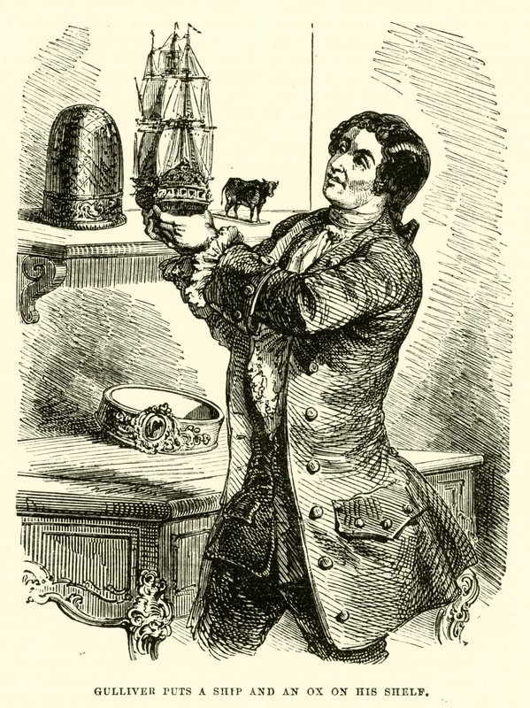 Gulliver met un navire et un bœuf sur son étagère (gravure) - after Hablot Knight Browne