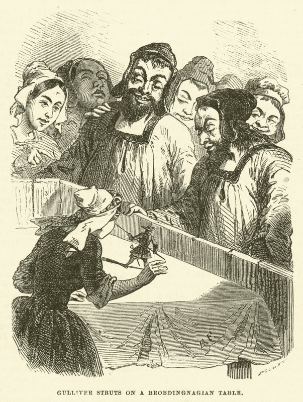 Gulliver parade sur une table brobdingnagienne (gravure) - after Hablot Knight Browne