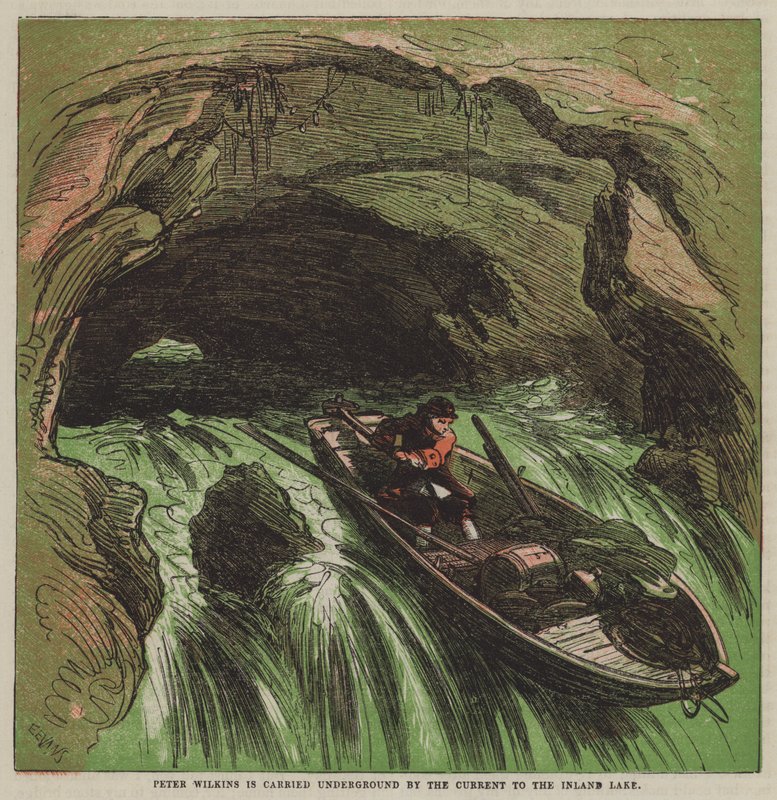Peter Wilkins est emporté sous terre par le courant vers le lac intérieur - after Hablot Knight Browne