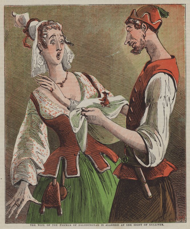 La femme du fermier de Brobdingnag est alarmée à la vue de Gulliver (lithographie en couleur) - after Hablot Knight Browne