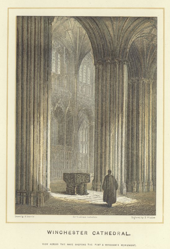 Cathédrale de Winchester, vue à travers la nef montrant la façade et le monument de Wykeham - Hablot Knight Browne
