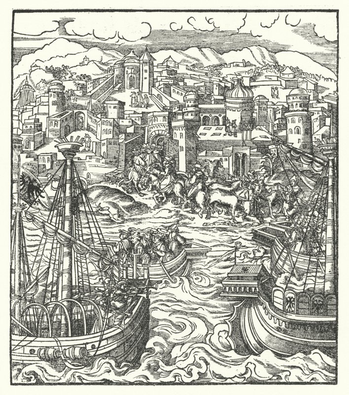 Frédéric III, Empereur romain germanique, arrivant à Rome avec sa fiancée, Éléonore du Portugal - Hans (after) Burgkmair