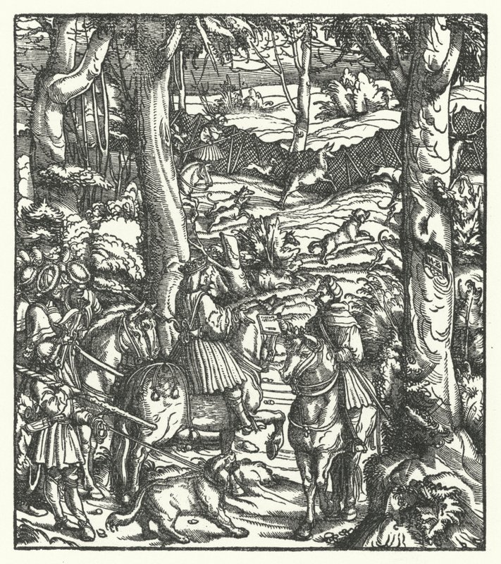 Maximilien I, Roi des Romains, recevant un message pendant la chasse - Hans (after) Burgkmair