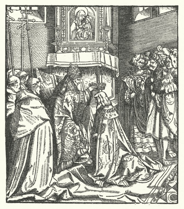 Le pape Nicolas V couronnant Frédéric III empereur romain germanique à Rome - Hans (after) Burgkmair