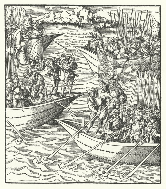 Navires transportant des soldats allemands et français au large de Livourne, Italie - Hans (after) Burgkmair