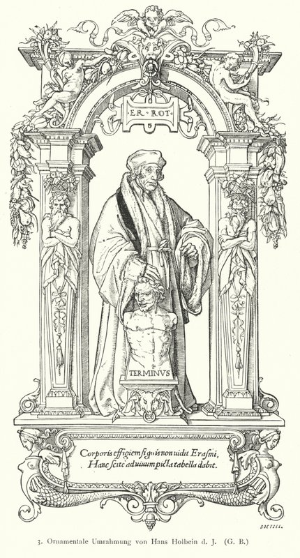 Portrait du savant humaniste de la Renaissance néerlandaise Desiderius Erasmus avec cadre ornemental - Hans (after) Holbein the Younger