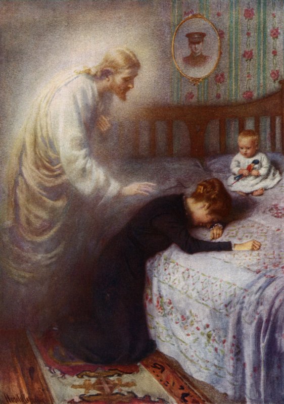 Christ le Consolateur : Jésus consolant une veuve de guerre britannique en deuil - Harold Copping