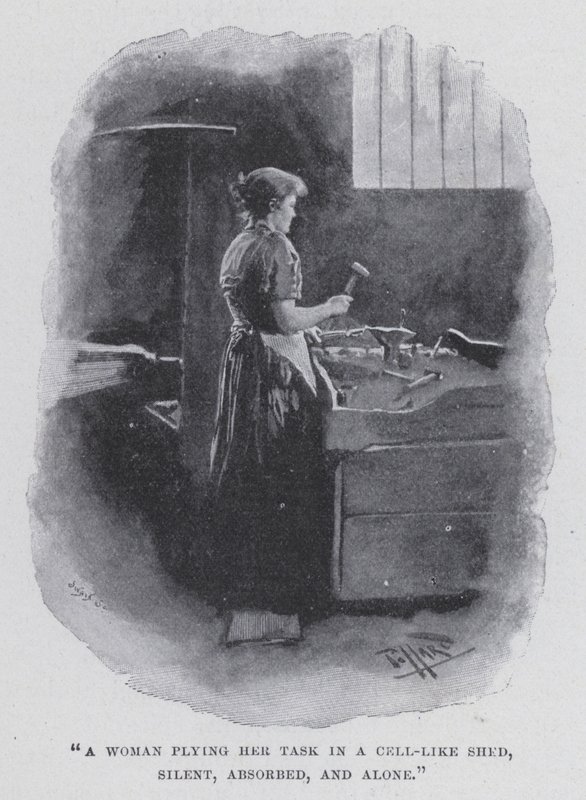 Une femme accomplissant sa tâche dans une cabane semblable à une cellule, silencieuse, absorbée et seule - Harold Hume Piffard