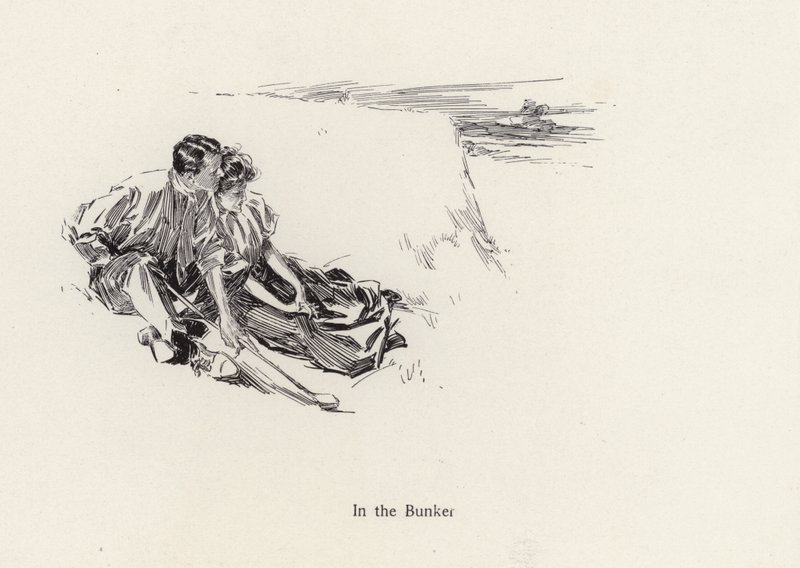 Couple dans une étreinte romantique dans un bunker sur le parcours de golf (lithographie) - Harrison Fisher