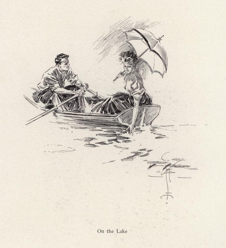 Homme et femme dans une barque sur le lac - Harrison Fisher
