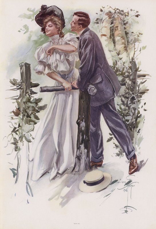 Homme essayant de voler un baiser à une jeune femme - Harrison Fisher
