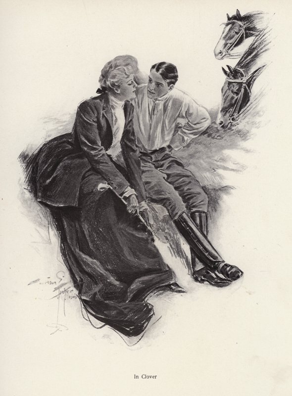 Couple romantique faisant une pause pendant une promenade à cheval - Harrison Fisher