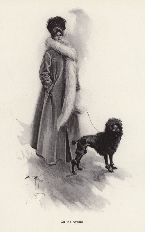 Femme en long manteau avec un caniche - Harrison Fisher