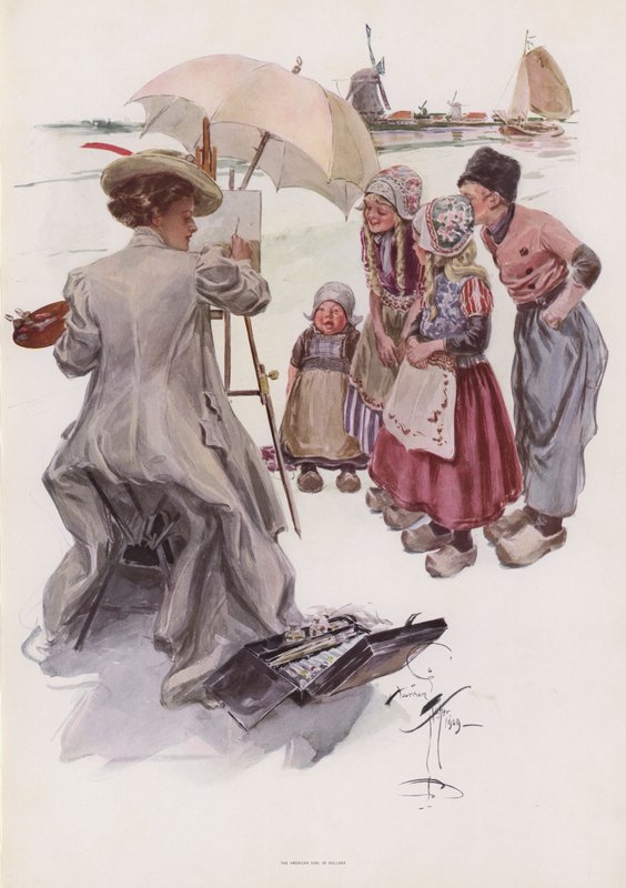 Jeune femme américaine peignant une scène hollandaise - Harrison Fisher