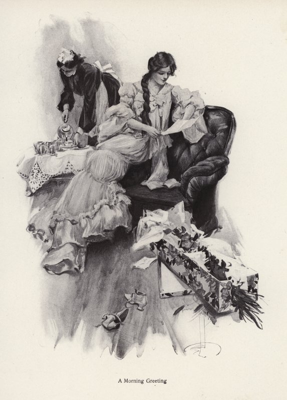 Jeune femme recevant un bouquet de fleurs et une lettre d