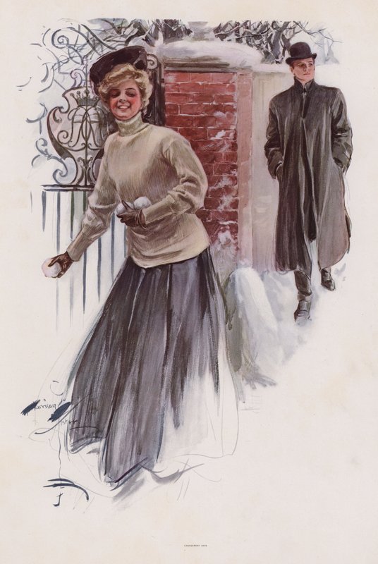 Jeune femme attendant pour lancer des boules de neige à un homme - Harrison Fisher