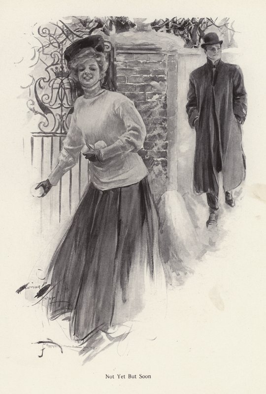 Jeune femme attendant pour lancer des boules de neige à un homme - Harrison Fisher
