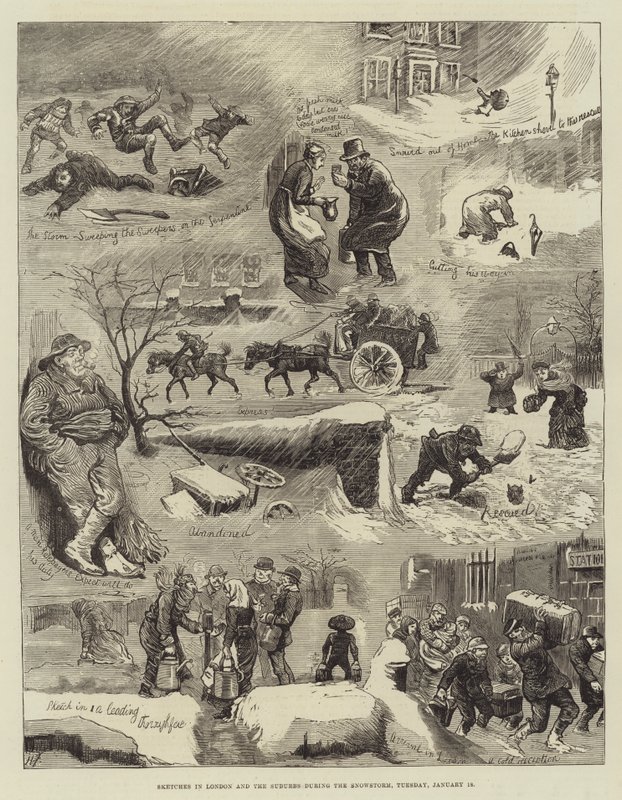 Croquis à Londres et dans les banlieues pendant la tempête de neige, mardi 18 janvier - Harry Furniss