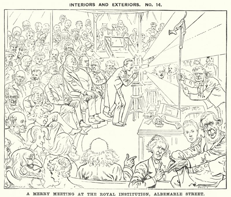 Caricature de Punch : Une joyeuse rencontre à la Royal Institution, Albemarle Street, Londres (gravure) - Harry Furniss