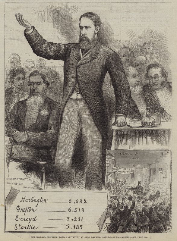 Les élections générales, Lord Hartington à Over Darwen, Lancashire Nord-Est - Harry Furniss