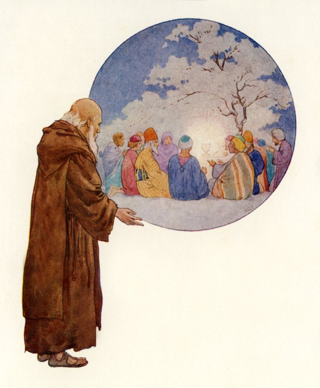 Un druide voit Joseph et ses compagnons lors du premier banquet en Grande-Bretagne (lithographie couleur) - Harry George Theaker