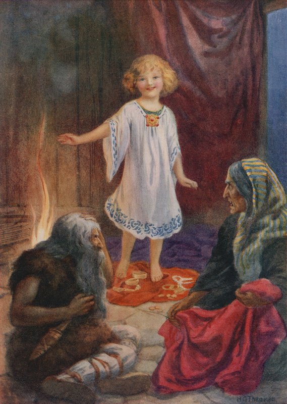 Aslaug, Aki et Grima, de "Ragnar Lodbrog" (lithographie couleur) - Harry George Theaker