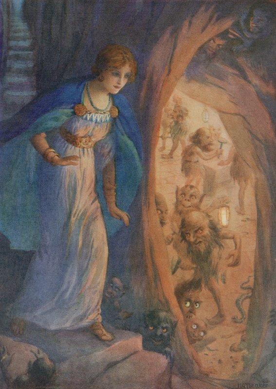 Freyja dans la grotte des nains, extrait du "Collier de Freyja" (lithographie couleur) - Harry George Theaker