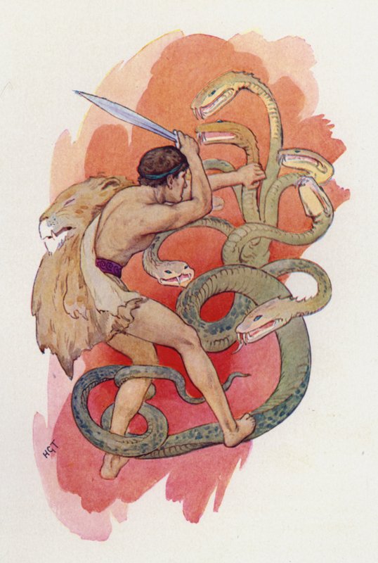 Hercule et le serpent à sept têtes (lithographie couleur) - Harry George Theaker