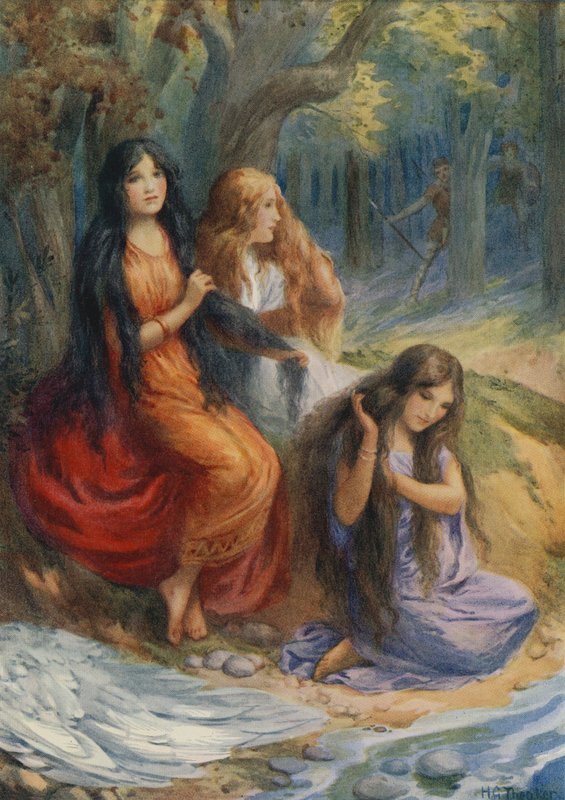 Hladgrun, Olrun et Alvit, de "Wayland the Smith" (lithographie couleur) - Harry George Theaker