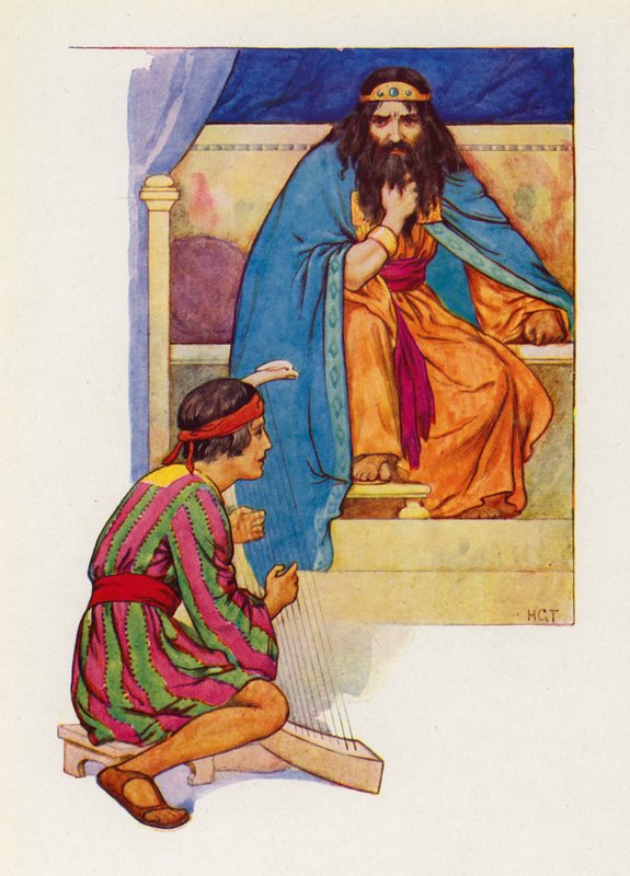 Le roi Saül dit à David de jouer de la harpe (lithographie en couleurs) - Harry George Theaker