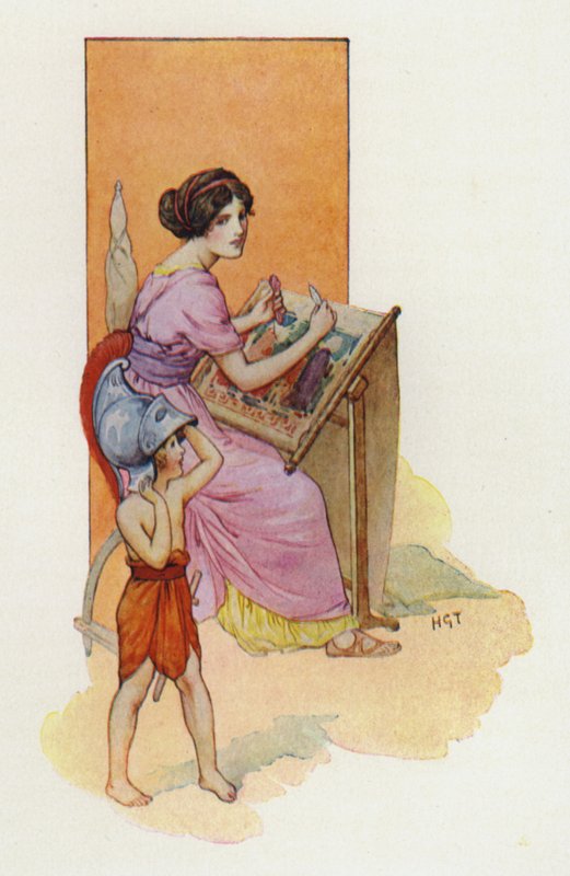 Pénélope et son fils Télémaque (lithographie couleur) - Harry George Theaker