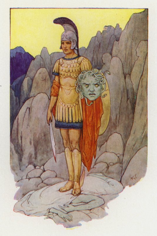 Persée et la tête de gorgone (lithographie couleur) - Harry George Theaker