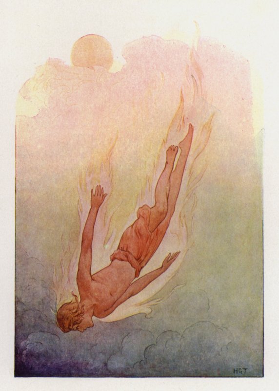 Phaéton, les cheveux en flammes, tombant dans une rivière profonde et fraîche (lithographie couleur) - Harry George Theaker