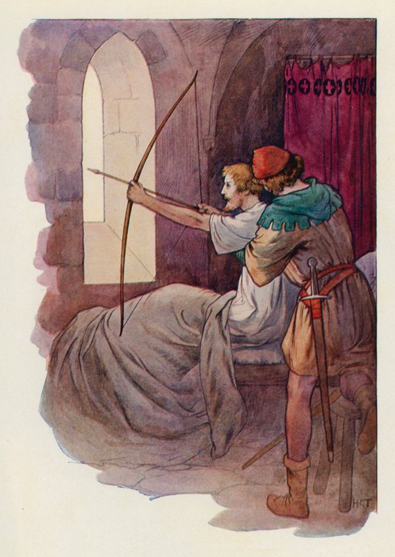 Robin, assis dans son lit, tire la flèche dans le bois vert au-delà du mur de l