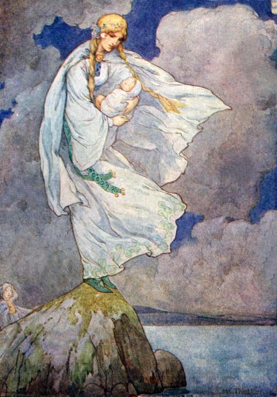 Elle avait emmené le bébé sur un gros rocher gris (lithographie couleur) - Harry George Theaker