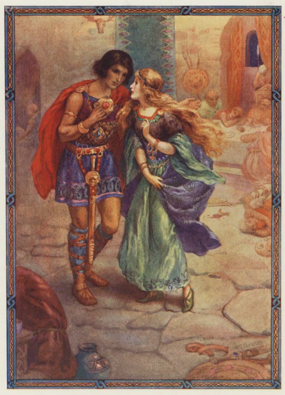 "Prends-moi pour épouse", Diarmuid et Grania (lithographie couleur) - Harry George Theaker