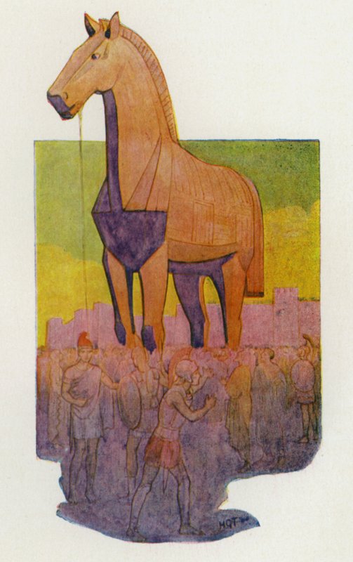 Le cheval de Troie (lithographie couleur) - Harry George Theaker