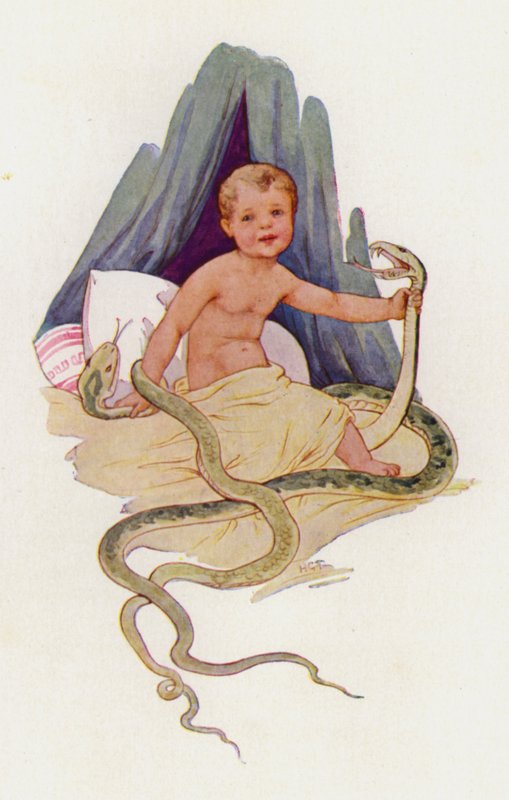 Le bébé Hercule étranglant les serpents (lithographie couleur) - Harry George Theaker