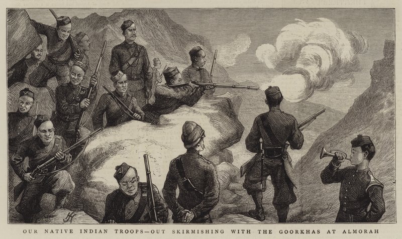 Nos troupes indiennes indigènes, en escarmouche avec les Goorkhas à Almorah - Harry Hamilton Johnston
